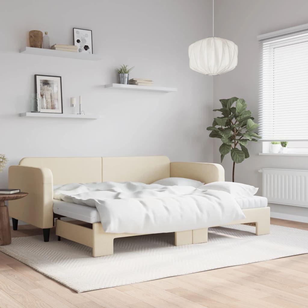Pat de zi cu extensie și saltele, crem, 90x200 cm, textil GartenMobel Dekor