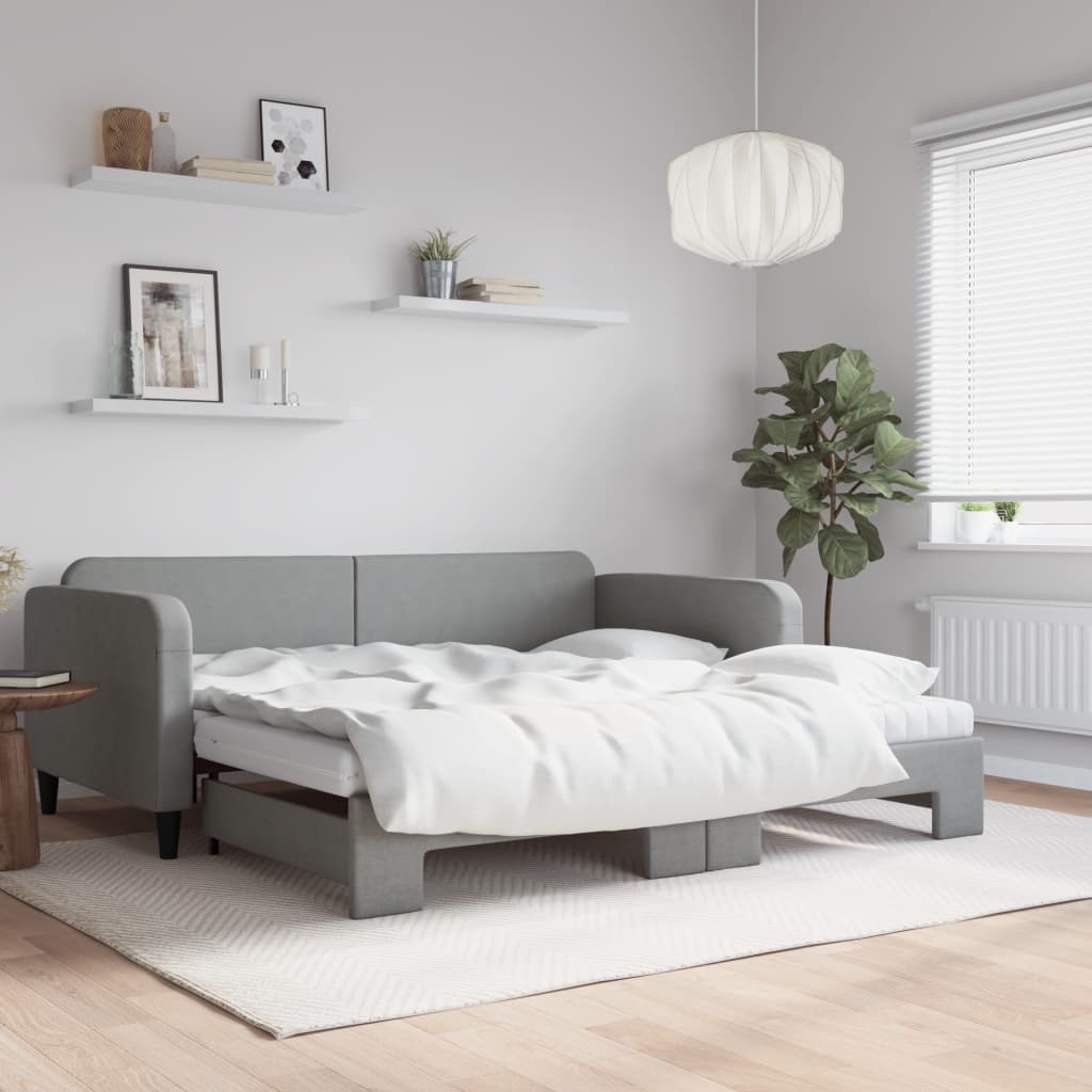 Pat de zi cu extensie și saltele, gri deschis 100x200 cm textil GartenMobel Dekor