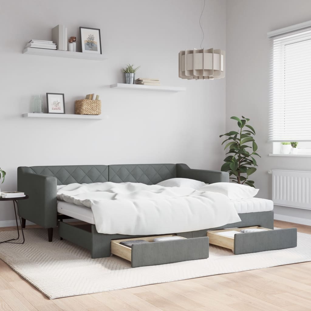 Pat de zi cu extensie și sertare, gri închis, 90x190cm, textil GartenMobel Dekor