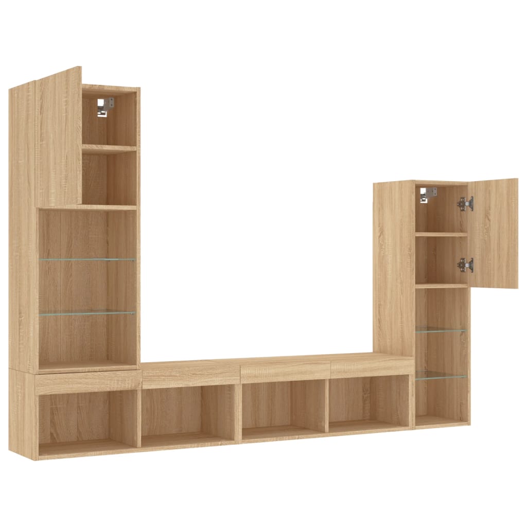 Unități de perete TV cu LED-uri, 4 piese, stejar sonoma, lemn GartenMobel Dekor