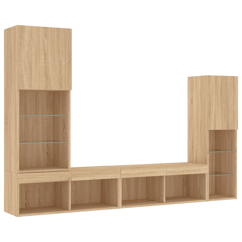 Unități de perete TV cu LED-uri, 4 piese, stejar sonoma, lemn GartenMobel Dekor
