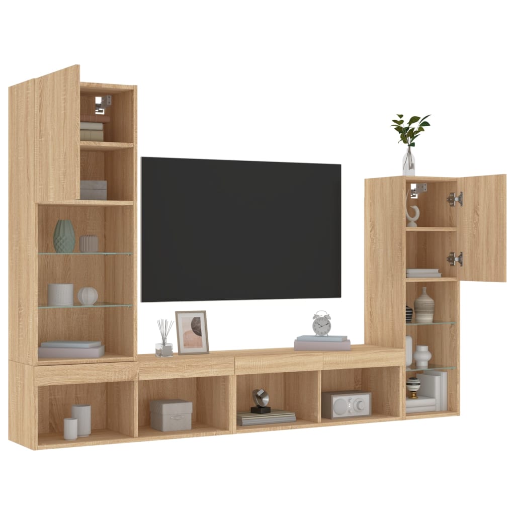 Unități de perete TV cu LED-uri, 4 piese, stejar sonoma, lemn GartenMobel Dekor