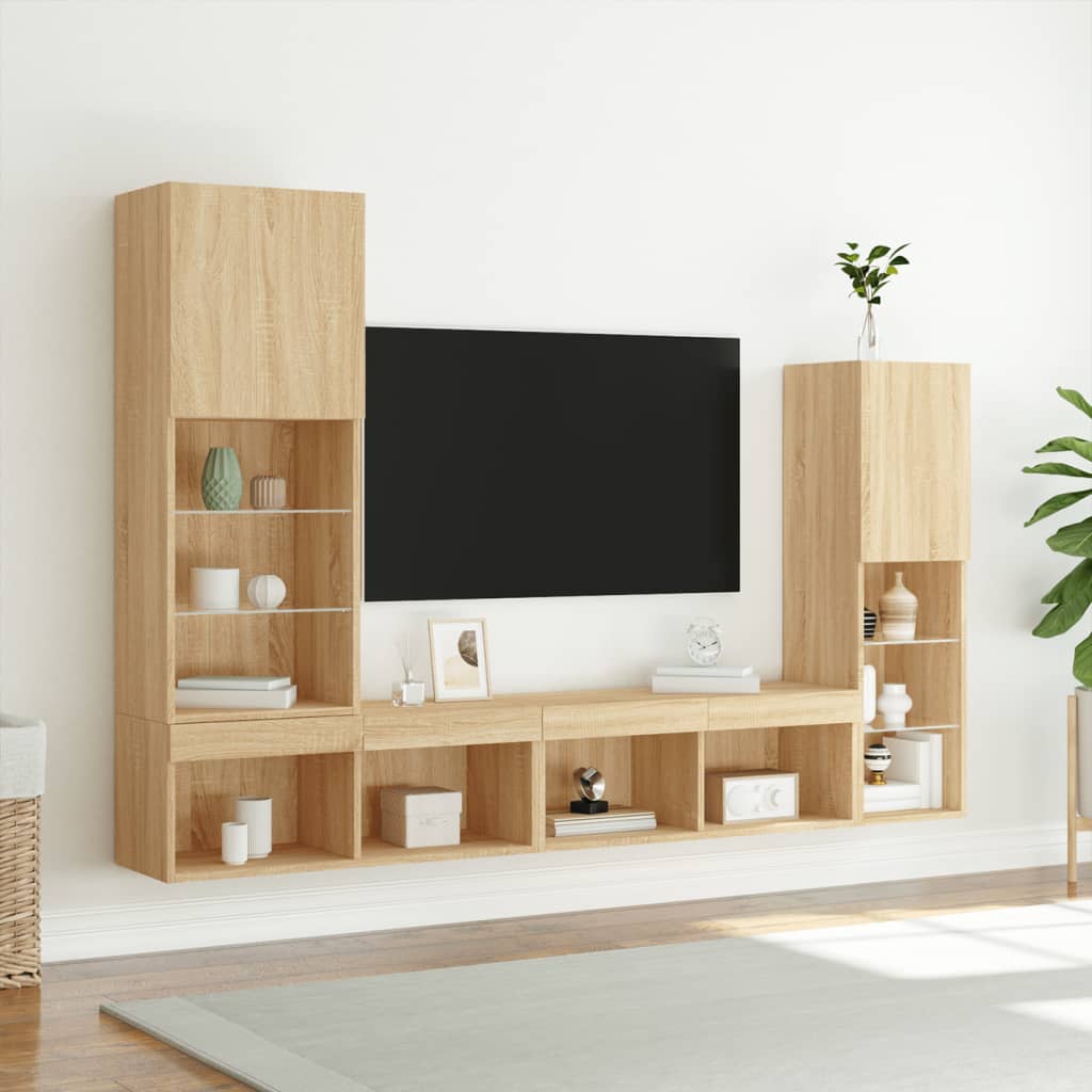Unități de perete TV cu LED-uri, 4 piese, stejar sonoma, lemn GartenMobel Dekor