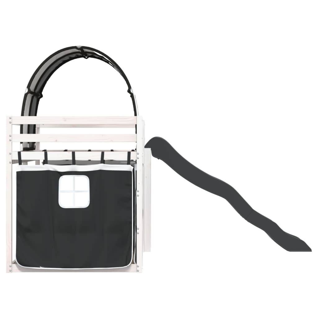 Pat supraetajat cu tobogan și perdele, alb și negru, 90x200 cm GartenMobel Dekor