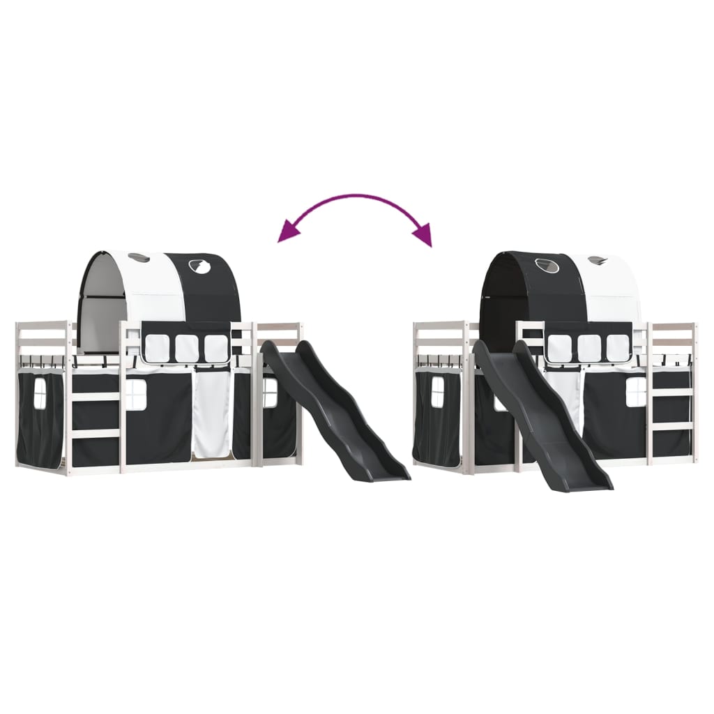 Pat supraetajat cu tobogan și perdele, alb și negru, 90x200 cm GartenMobel Dekor