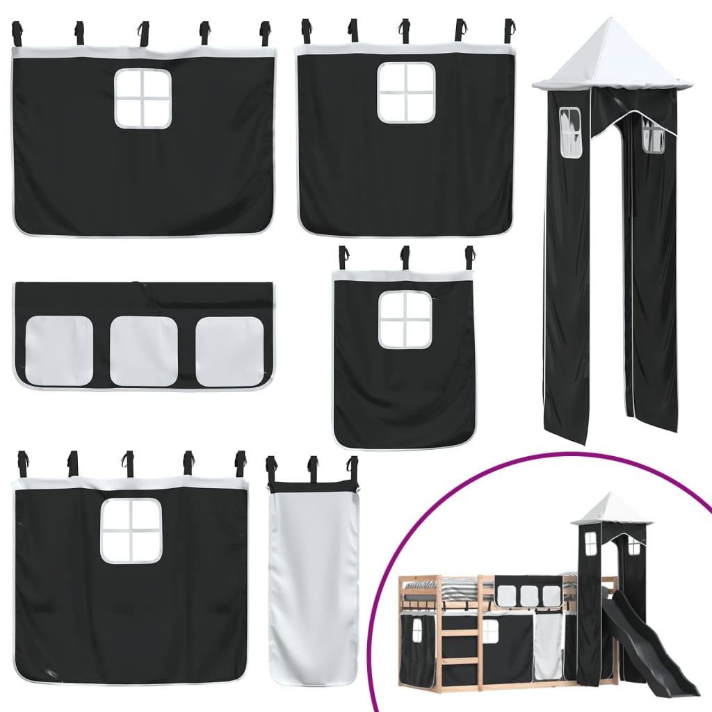 Pat supraetajat cu tobogan și perdele, alb și negru, 90x200 cm GartenMobel Dekor