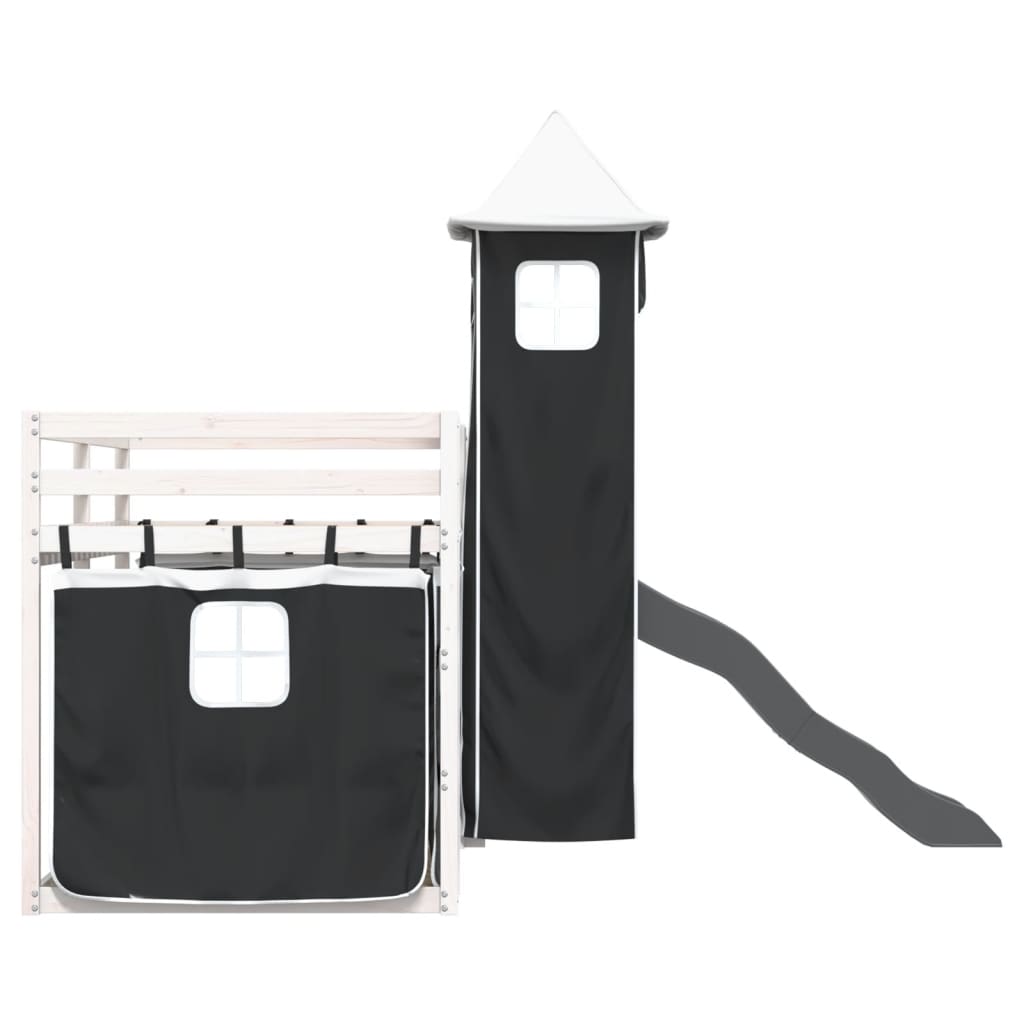 Pat supraetajat cu tobogan și perdele, alb și negru, 90x200 cm GartenMobel Dekor