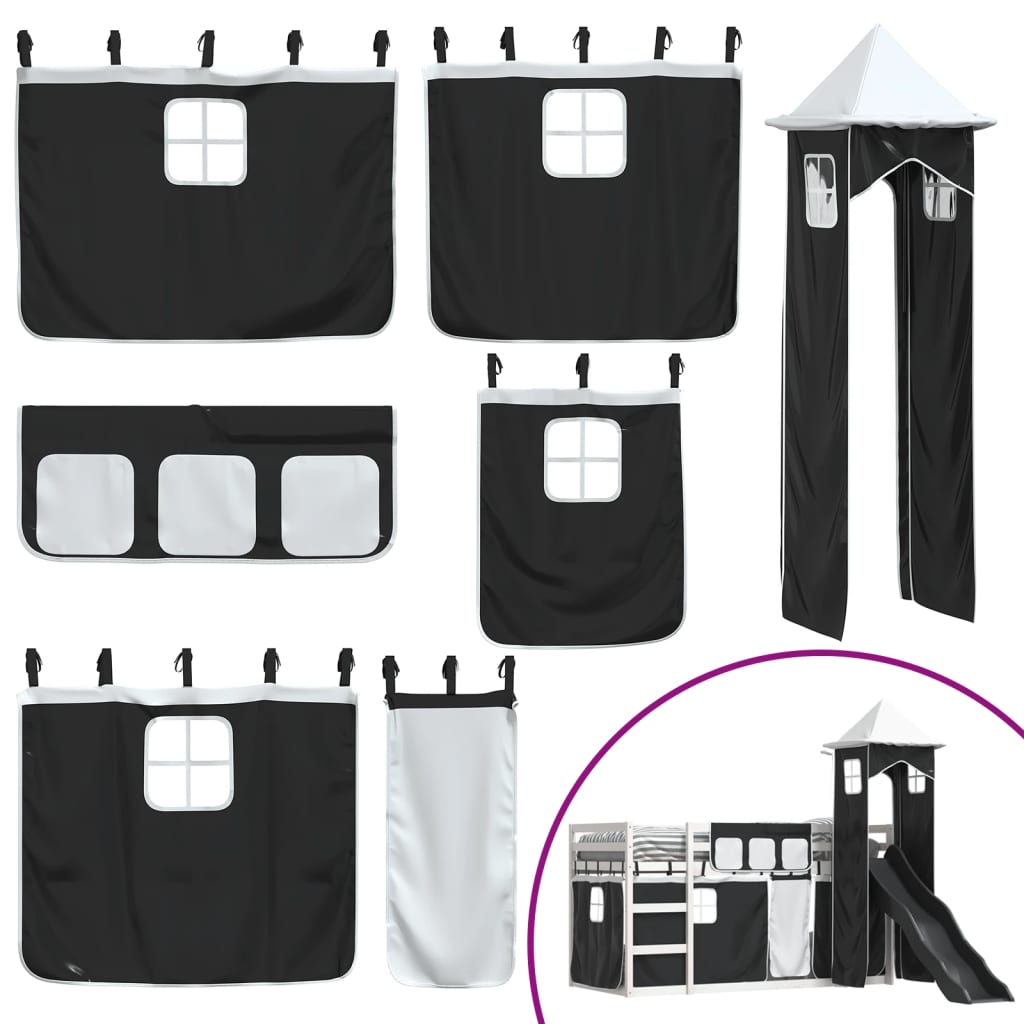 Pat supraetajat cu tobogan și perdele, alb și negru, 90x200 cm GartenMobel Dekor