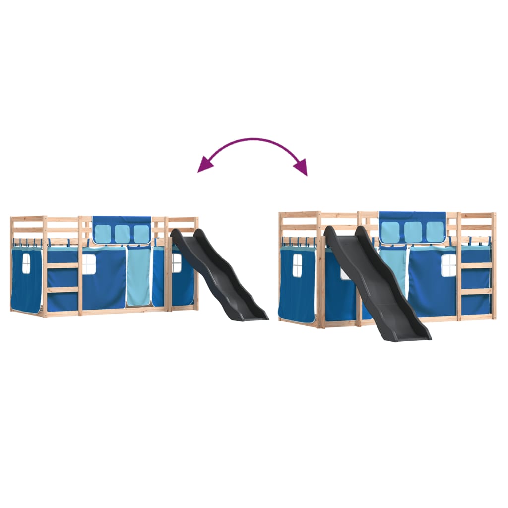 Pat supraetajat cu tobogan și perdele, albastru, 90x200 cm GartenMobel Dekor