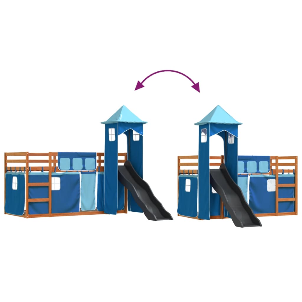 Pat supraetajat cu tobogan și perdele, albastru, 90x200 cm GartenMobel Dekor