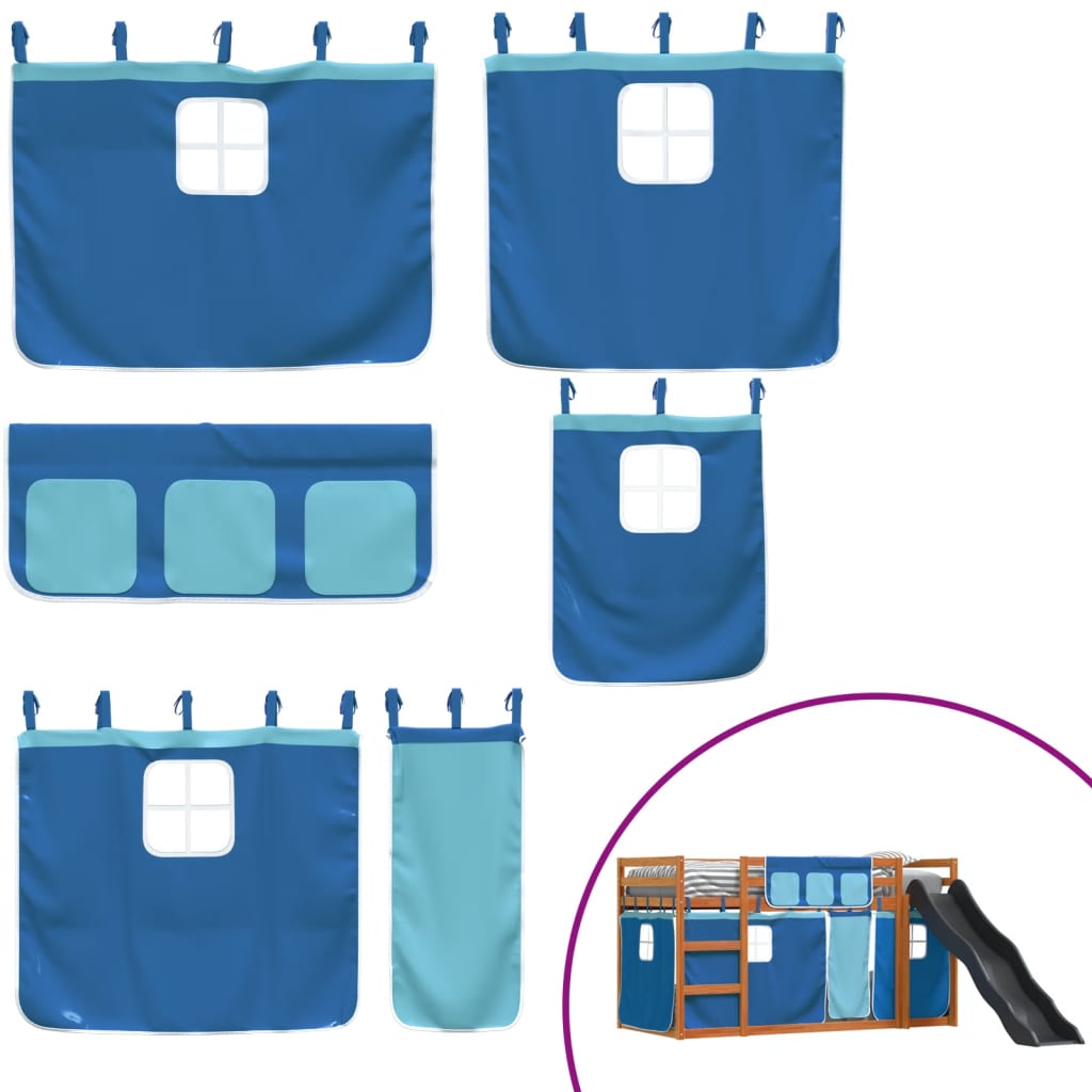 Pat supraetajat cu tobogan și perdele, albastru, 90x200 cm GartenMobel Dekor