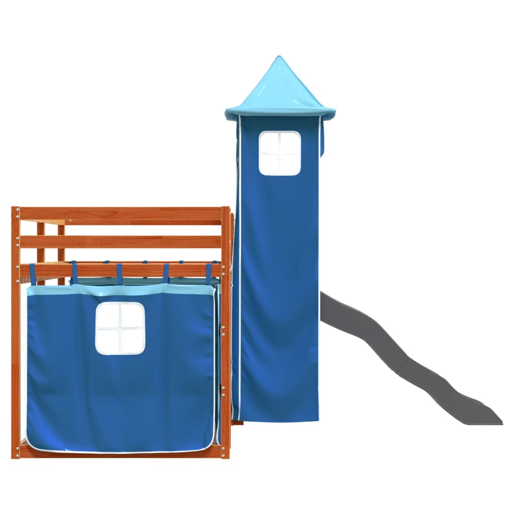 Pat supraetajat cu tobogan și perdele, albastru, 90x200 cm GartenMobel Dekor