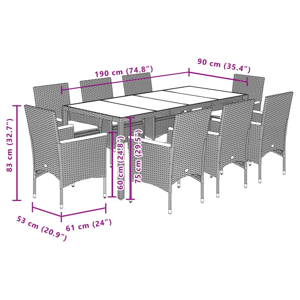 Set mobilier grădină cu perne 9 piese gri poliratan/lemn acacia GartenMobel Dekor