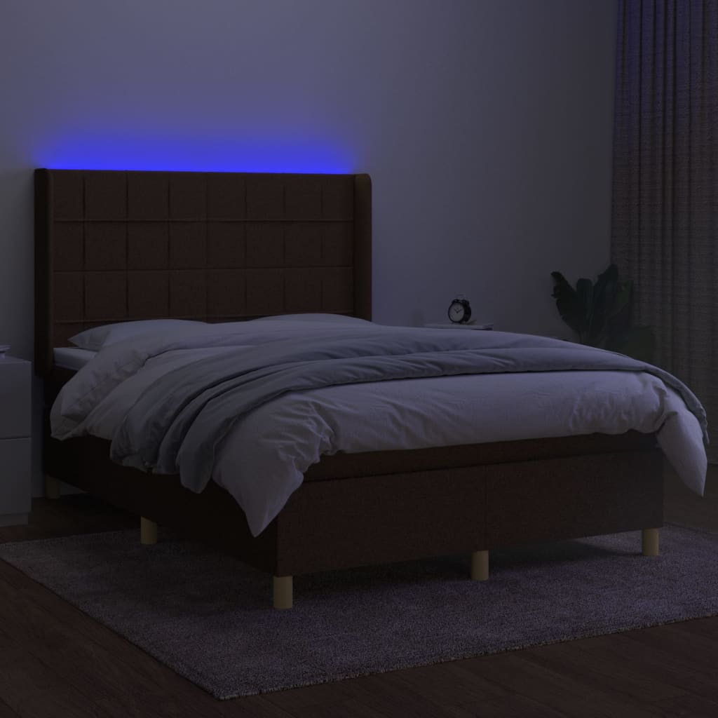 Pat cu arcuri, saltea și LED, maro închis, 140x200 cm, textil GartenMobel Dekor