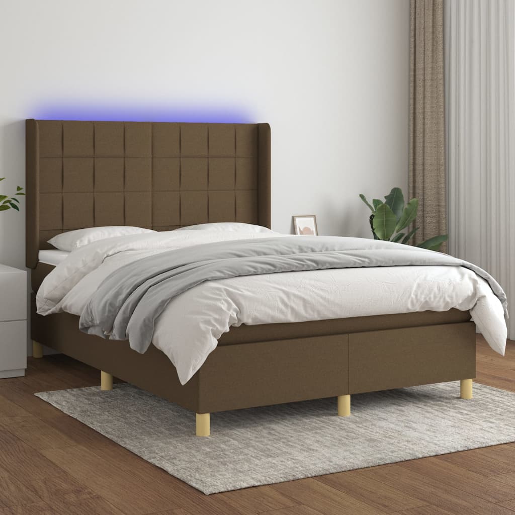 Pat cu arcuri, saltea și LED, maro închis, 140x200 cm, textil GartenMobel Dekor