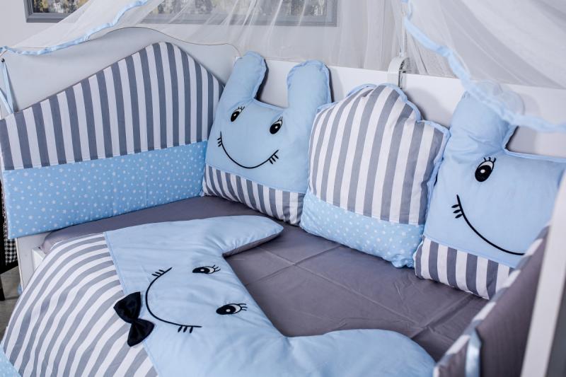 Lenjerie MyKids 11piese Figures gri-albastru cu baldachin 120x60 cm GreatGoods Plaything