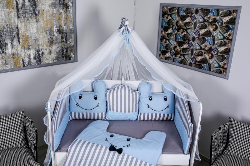 Lenjerie MyKids 11piese Figures gri-albastru cu baldachin 120x60 cm GreatGoods Plaything