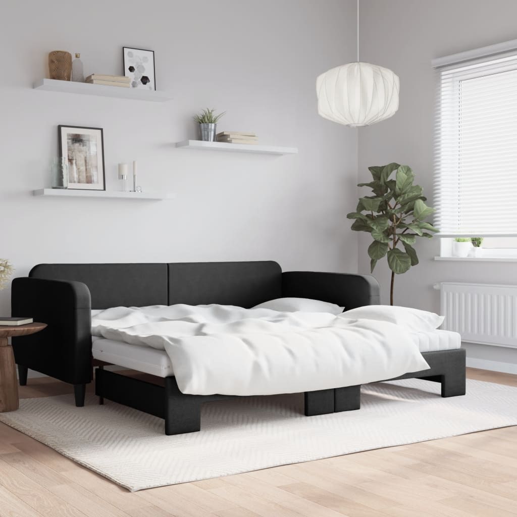 Pat de zi cu extensie și saltele, negru, 100x200 cm, textil GartenMobel Dekor