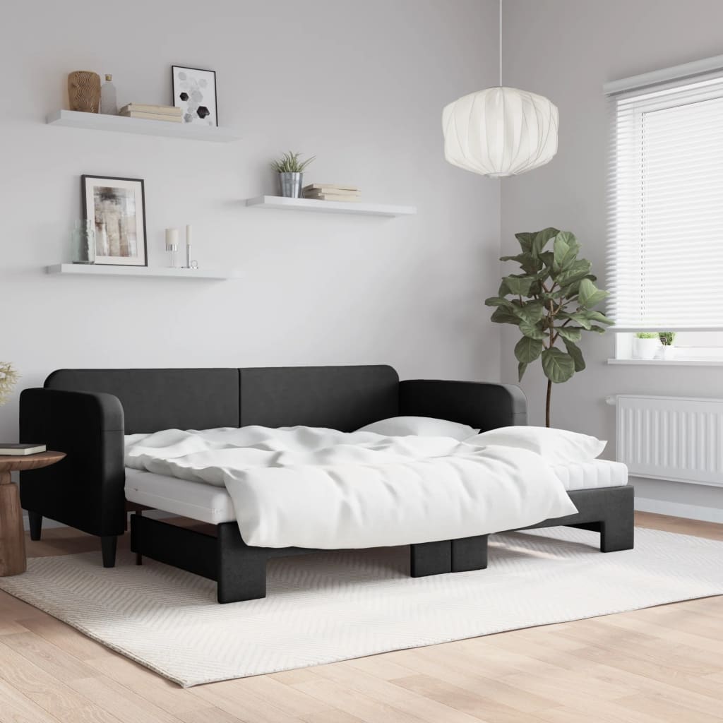 Pat de zi cu extensie și saltele, negru, 90x200 cm, textil GartenMobel Dekor