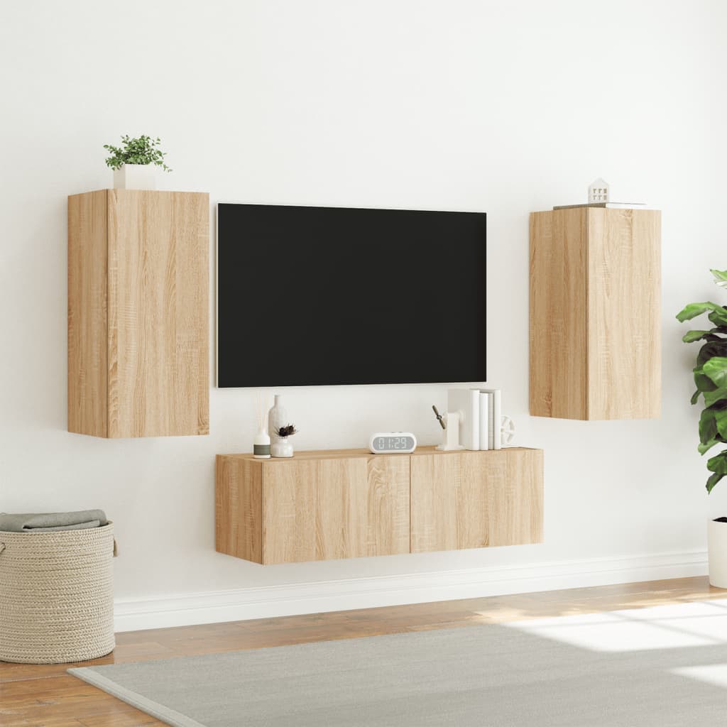 Comode TV de perete cu lumini LED, 3 piese, stejar sonoma GartenMobel Dekor
