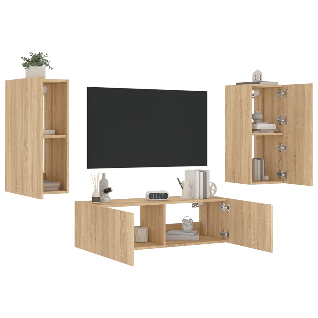 Comode TV de perete cu lumini LED, 3 piese, stejar sonoma GartenMobel Dekor
