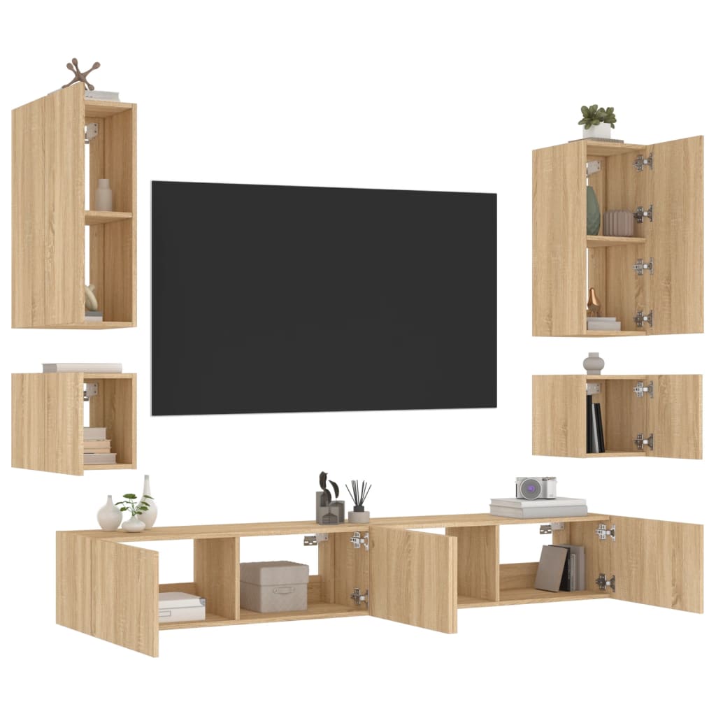 Comode TV de perete cu lumini LED, 6 piese, stejar sonoma GartenMobel Dekor