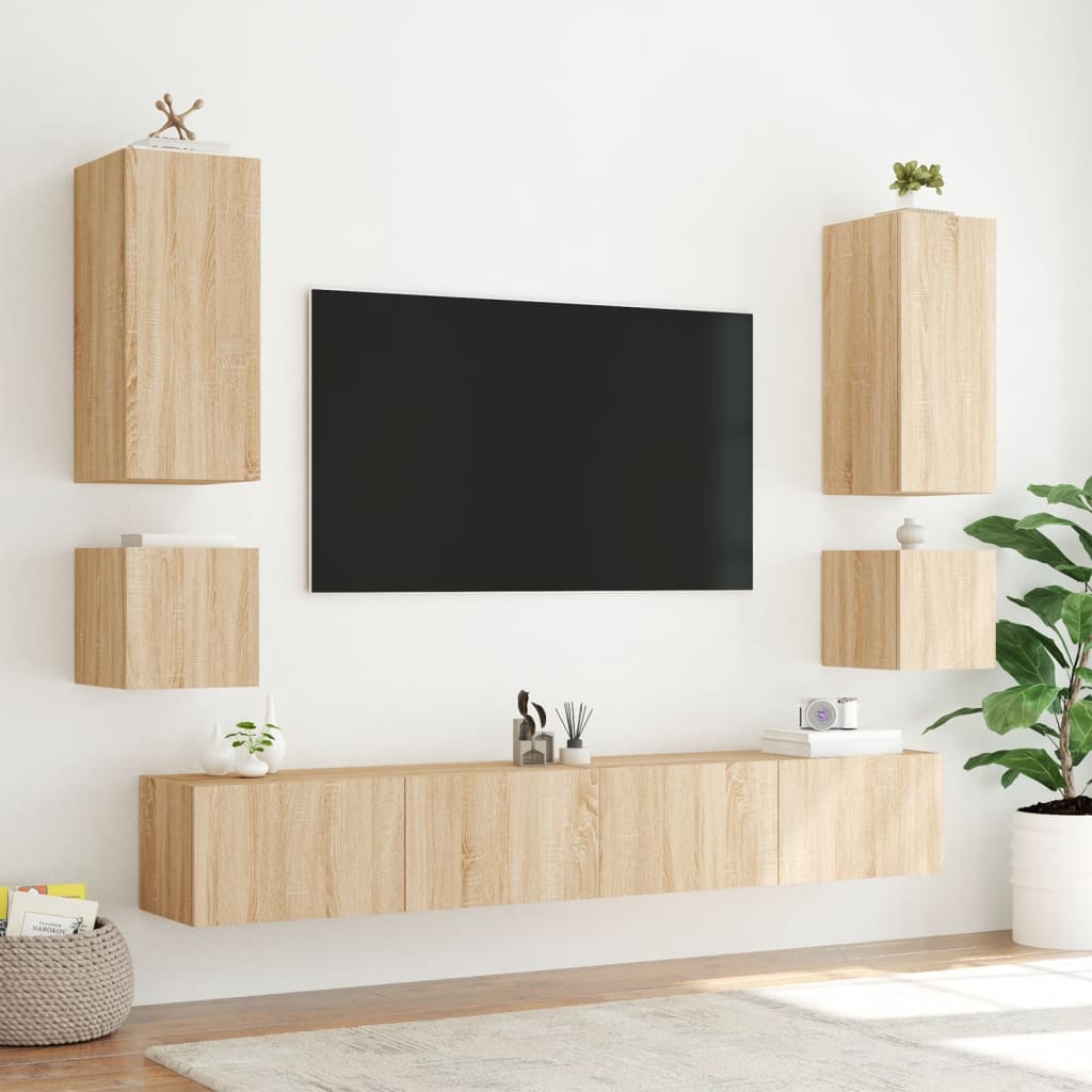 Comode TV de perete cu lumini LED, 6 piese, stejar sonoma GartenMobel Dekor