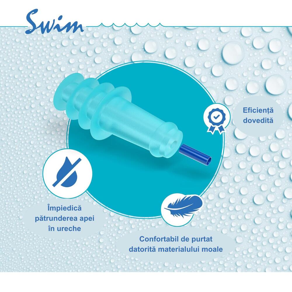 Dopuri de urechi pentru inot, impiedica patrunderea apei in urechi la copii, 1 an+, reutilizabile, hipoalergenice, albastre, SANOHRA Swim Kids Children SafetyCare