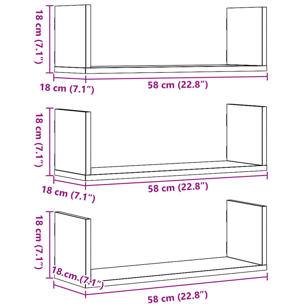 Rafturi perete 3buc. stejar artizanal 58x18x18cm lemn prelucrat GartenMobel Dekor