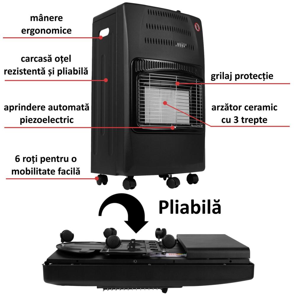 RESIGILATA - Soba pe Gaz Butelie GPL Pliabila, 3 Trepte Incalzire, Putere 4200W, Portabila pe Roti, Aprindere Automata, Incalzitor Ceramic, Regulator si Furtun Gaz