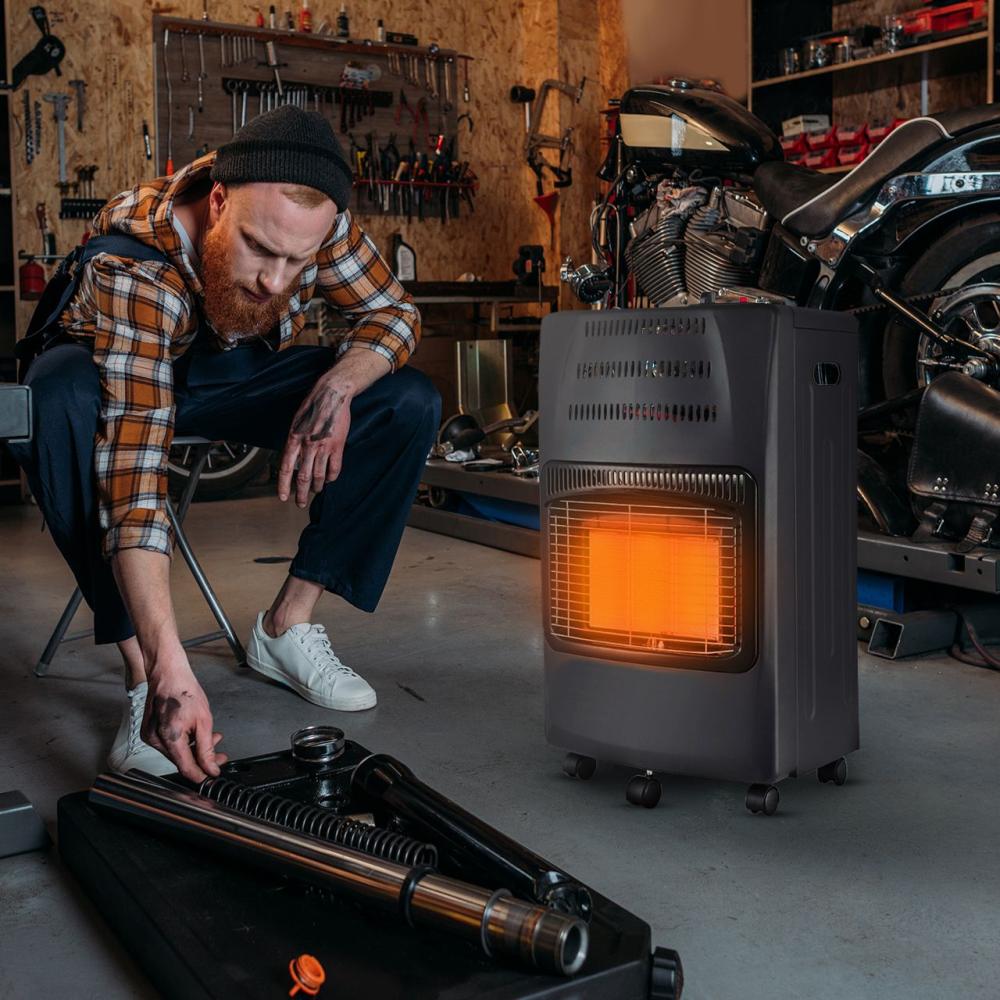 RESIGILATA - Soba pe Gaz Butelie GPL Pliabila, 3 Trepte Incalzire, Putere 4200W, Portabila pe Roti, Aprindere Automata, Incalzitor Ceramic, Regulator si Furtun Gaz