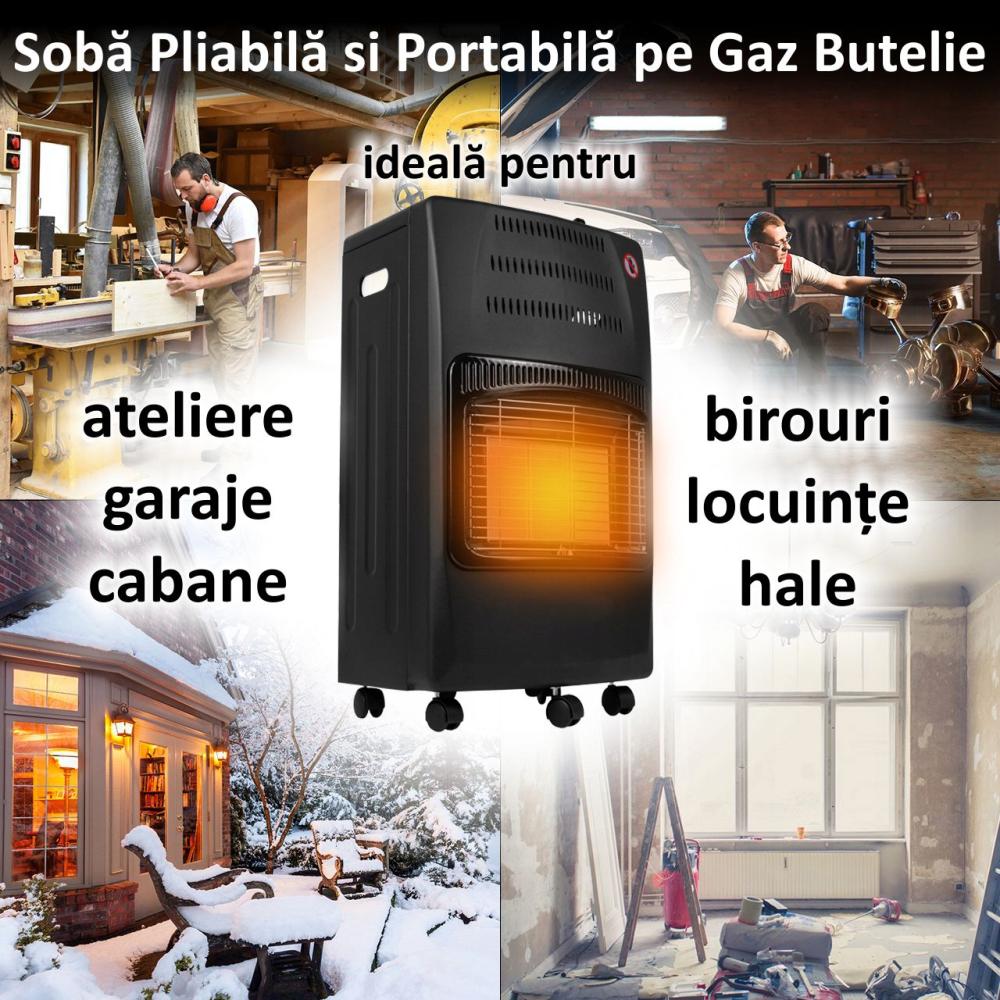 RESIGILATA - Soba pe Gaz Butelie GPL Pliabila, 3 Trepte Incalzire, Putere 4200W, Portabila pe Roti, Aprindere Automata, Incalzitor Ceramic, Regulator si Furtun Gaz