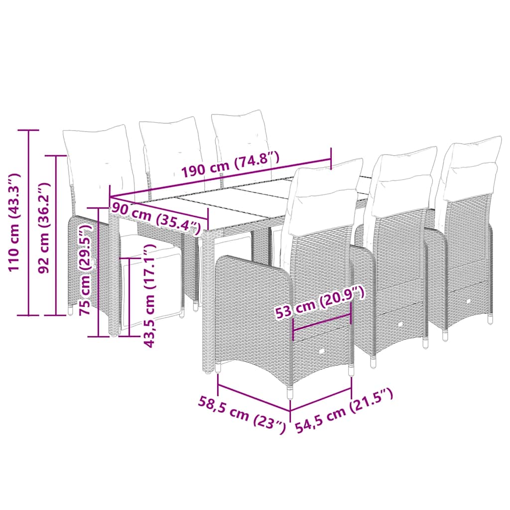 Set bistro de grădină, 7 piese, cu perne, negru, poliratan GartenMobel Dekor