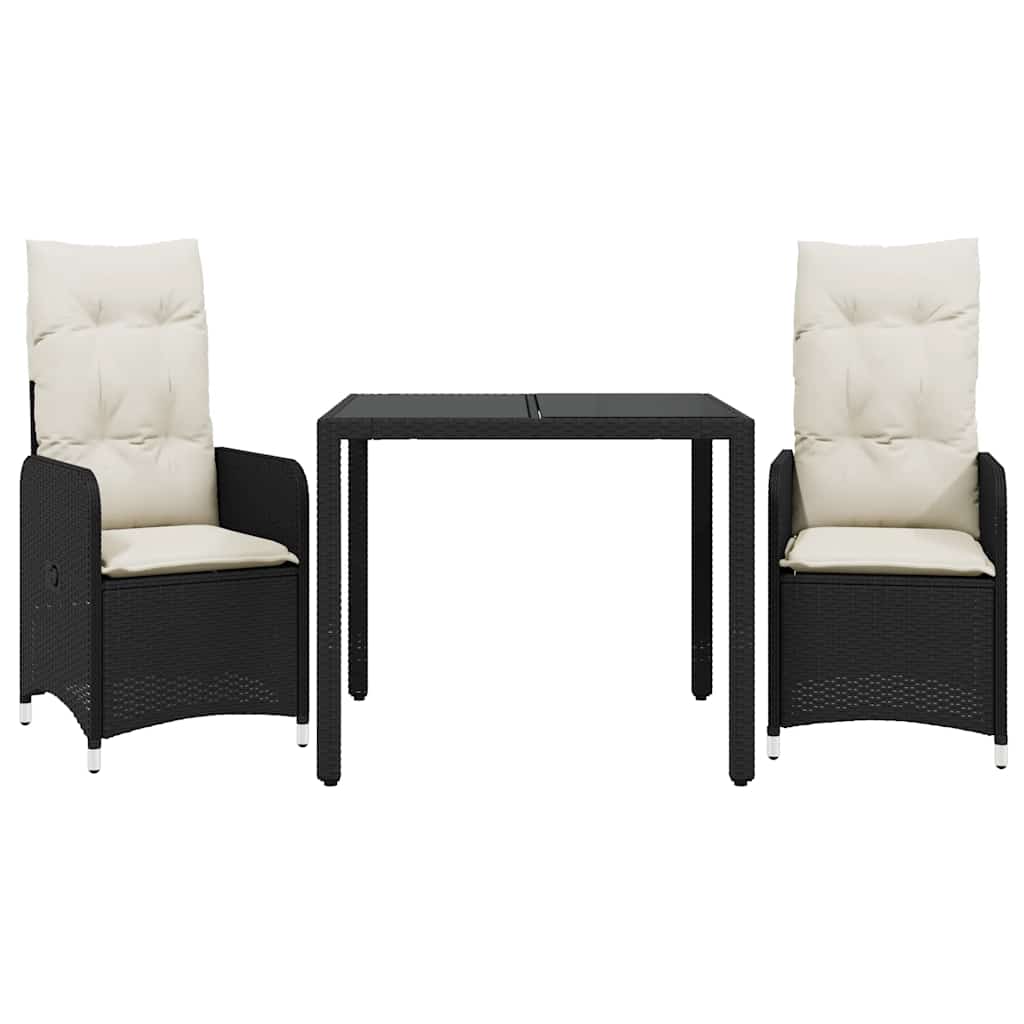 Set bistro de grădină cu perne, 3 piese, negru, poliratan GartenMobel Dekor