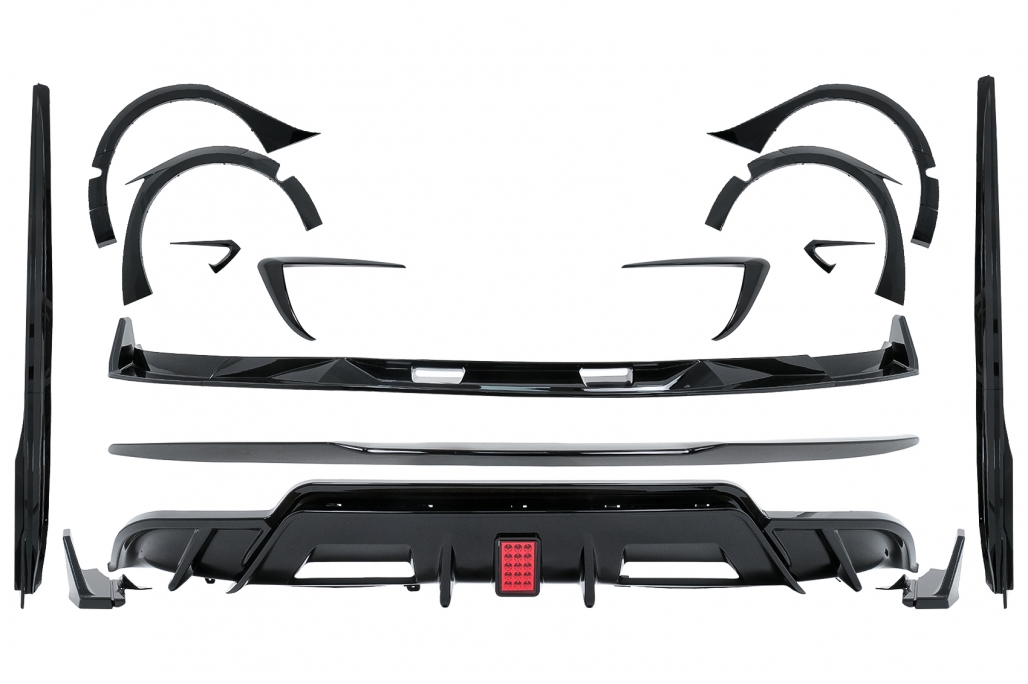 Pachet Exterior Complet de Extensii Tesla Model 3 (2017-2022) Prelungire Bara Fata cu Difuzor de aer si Eleron Negru Lucios Performance AutoTuning