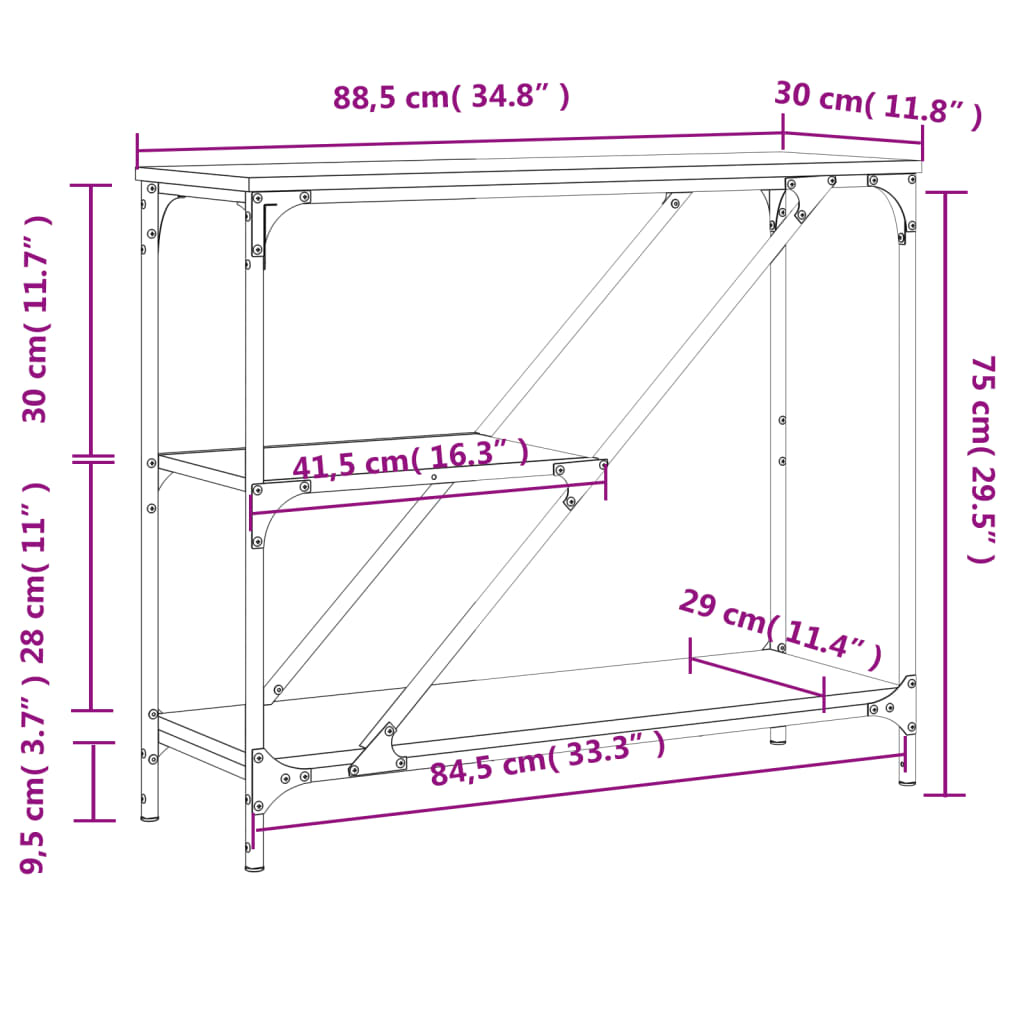 Măsuță consolă, gri sonoma, 88,5x30x75 cm, lemn prelucrat GartenMobel Dekor