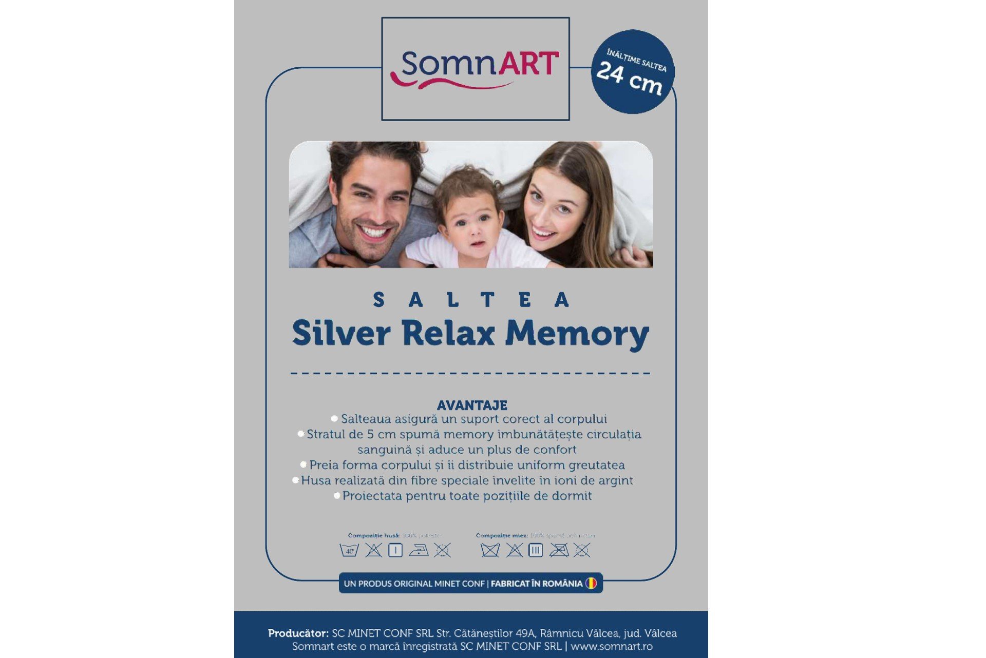 Saltea cu memorie Somnart Silver Relax 200x200, înălțime 24 cm, husă cu ioni de argint, cu mânere, fermitate medie Relax KipRoom