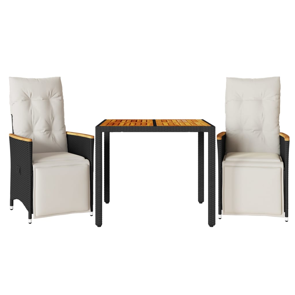 Set bistro de grădină cu perne, 3 piese, negru, poliratan GartenMobel Dekor