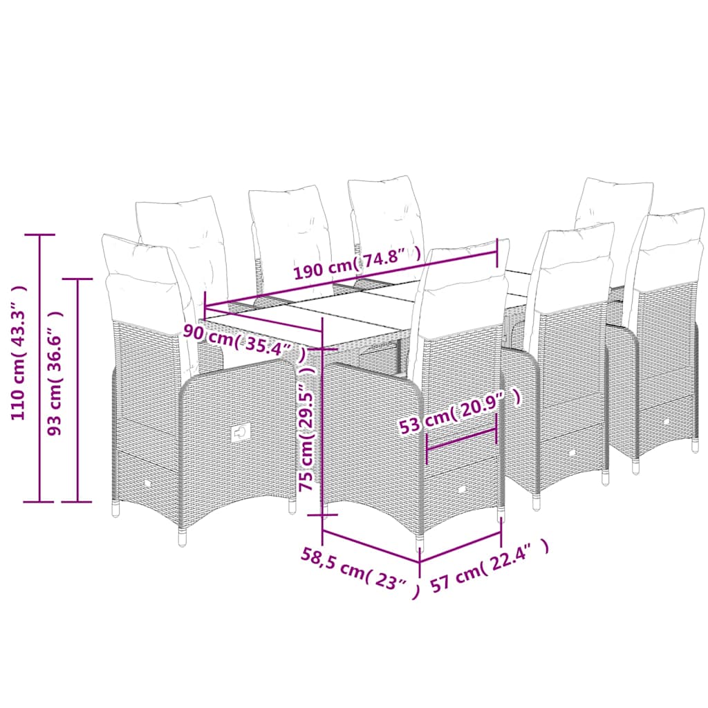 Set bistro de grădină cu perne, 9 piese, maro, poliratan GartenMobel Dekor
