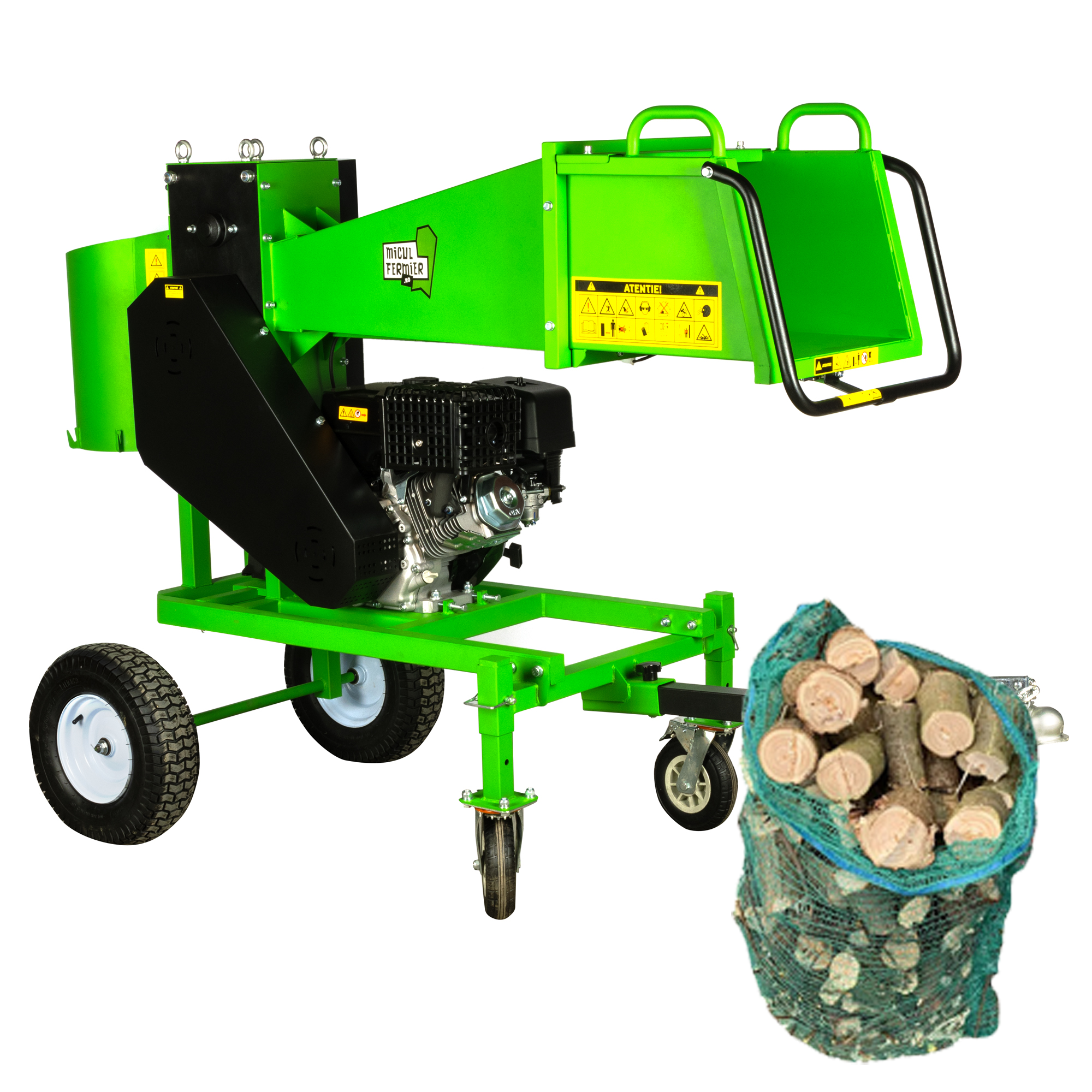 Tocator crengi Micul Fermier, motor benzina 18CP, diametru maxim de taiere Ø120mm, cu carlig de remorcare, pentru brichete FarmGarden AgroTrade