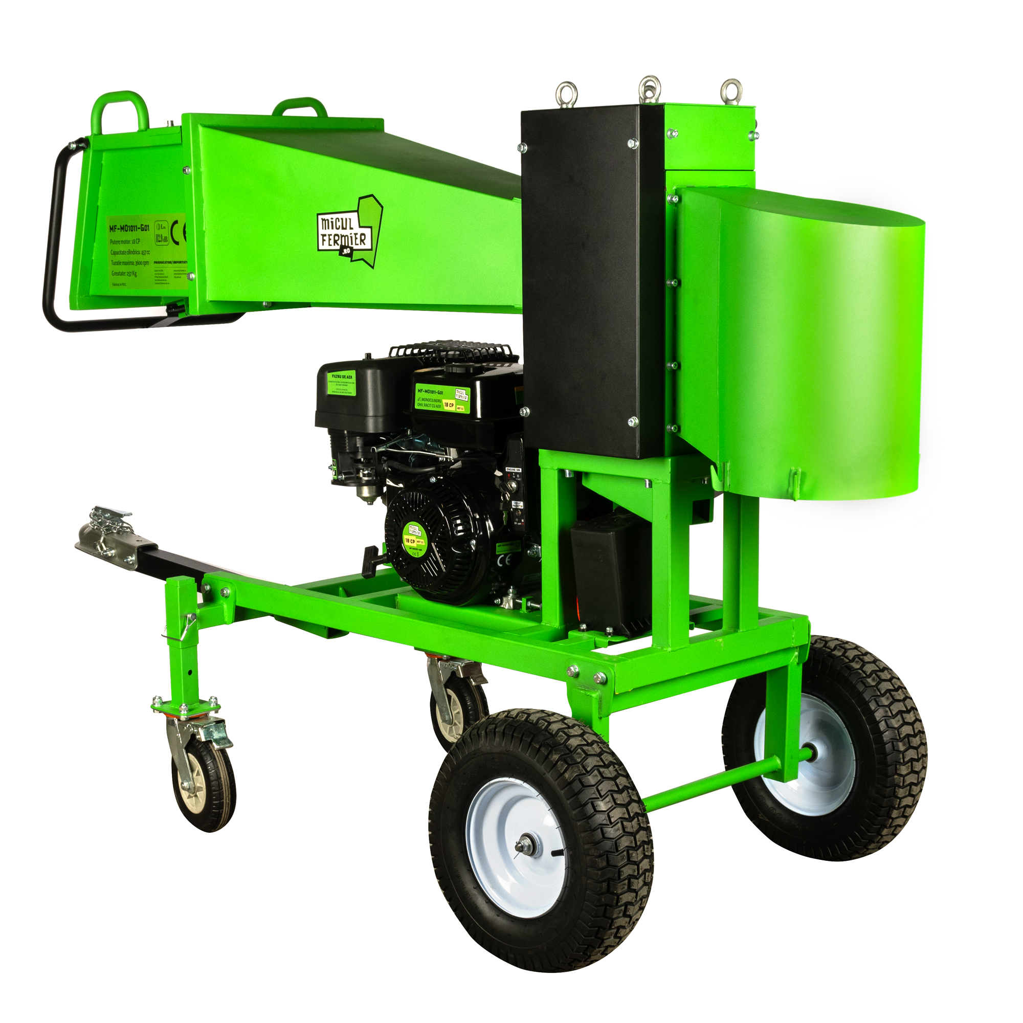 Tocator crengi Micul Fermier, motor benzina 18CP, diametru maxim de taiere Ø120mm, cu carlig de remorcare, pentru brichete FarmGarden AgroTrade