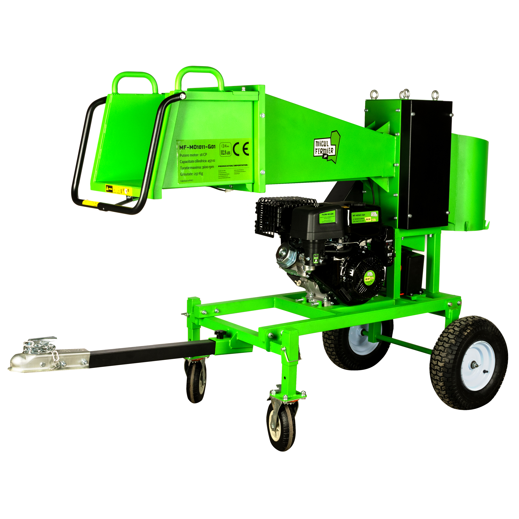 Tocator crengi Micul Fermier, motor benzina 18CP, diametru maxim de taiere Ø120mm, cu carlig de remorcare, pentru brichete FarmGarden AgroTrade