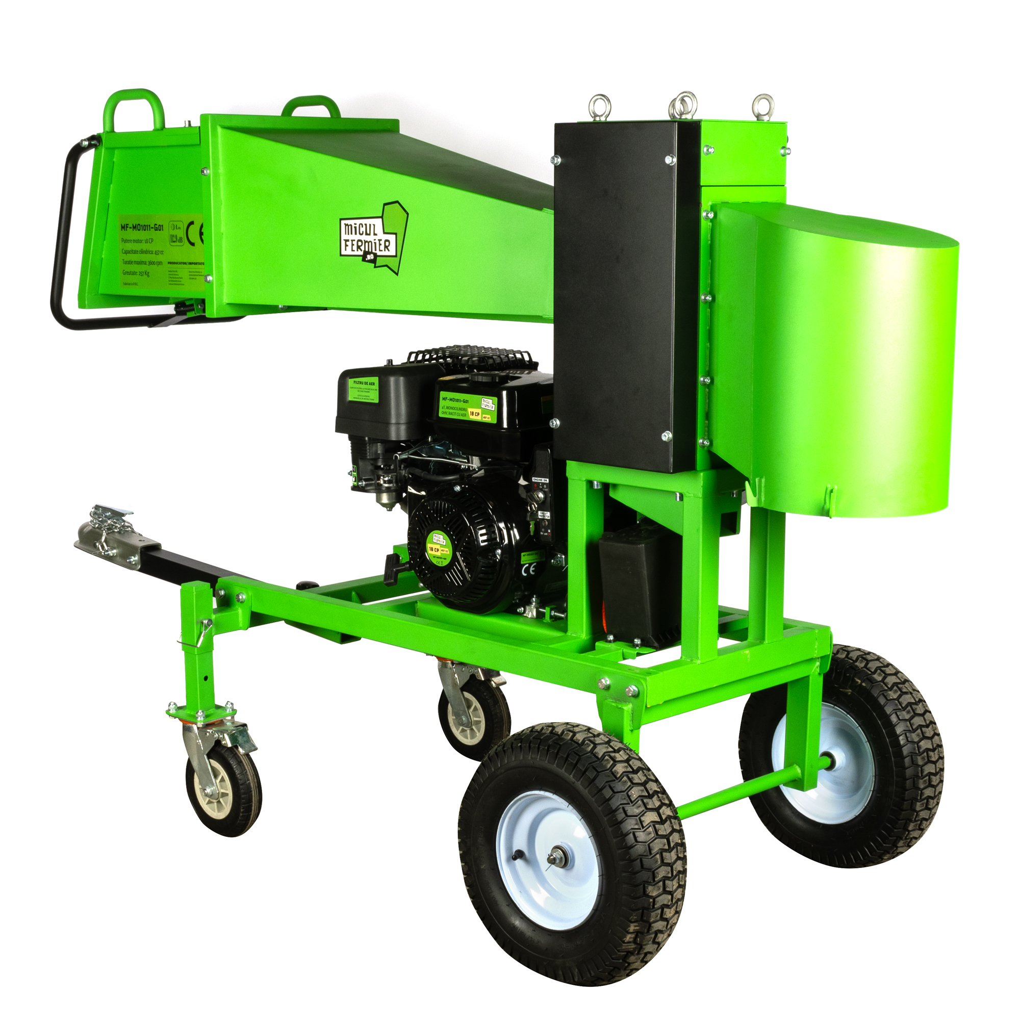 Tocator crengi Micul Fermier, motor benzina 18CP, diametru maxim de taiere Ø120mm, cu carlig de remorcare, pentru brichete FarmGarden AgroTrade