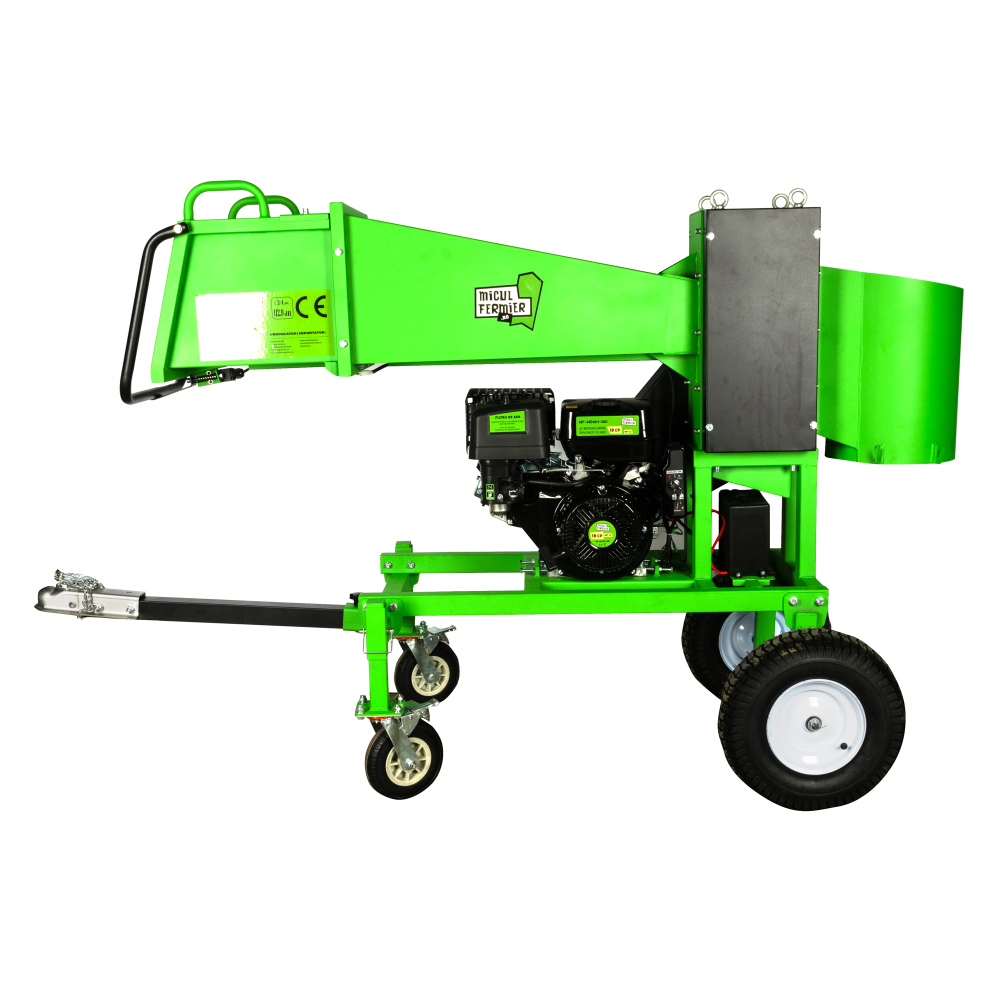 Tocator crengi Micul Fermier, motor benzina 18CP, diametru maxim de taiere Ø120mm, cu carlig de remorcare, pentru brichete FarmGarden AgroTrade