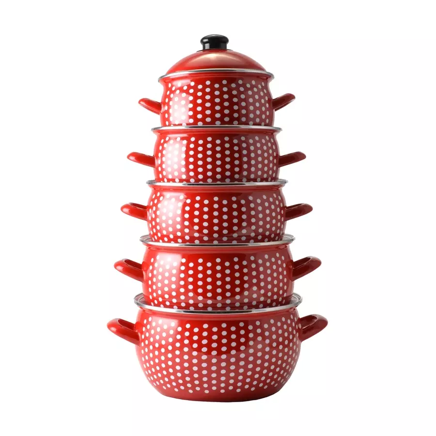 Oală din oțel emailat cu capac, model roșu cu buline, 24 cm, 6 litri Handy KitchenServ