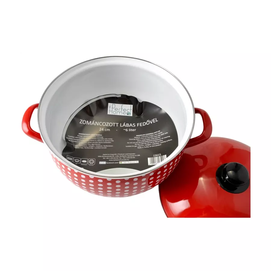 Oală din oțel emailat cu capac, model roșu cu buline, 24 cm, 6 litri Handy KitchenServ