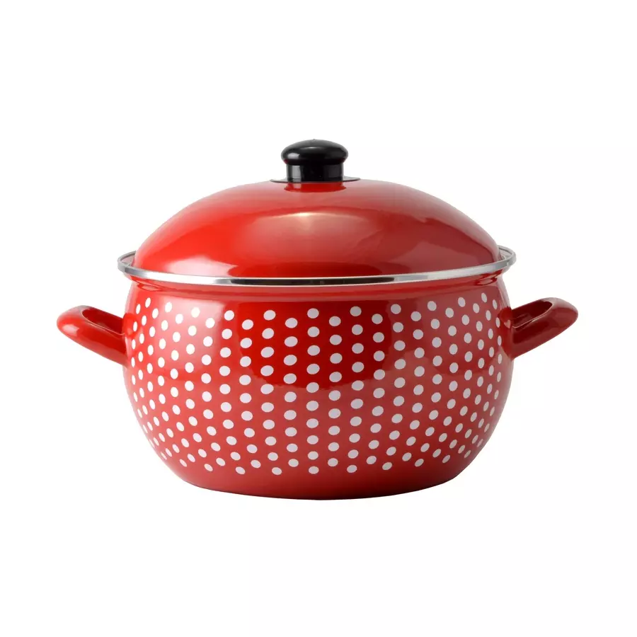 Oală din oțel emailat cu capac, model roșu cu buline, 24 cm, 6 litri Handy KitchenServ
