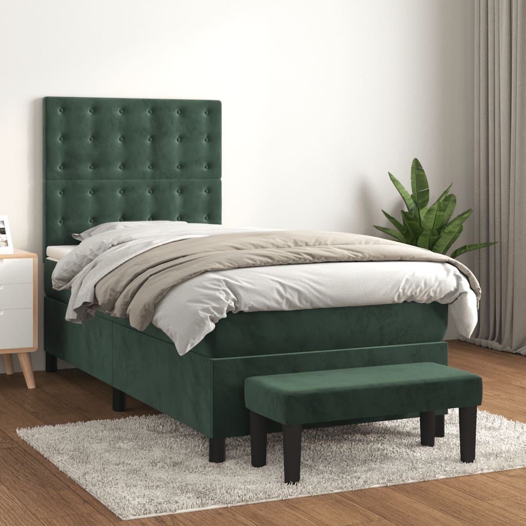 Pat box spring cu saltea, verde închis, 90x190 cm, catifea GartenMobel Dekor