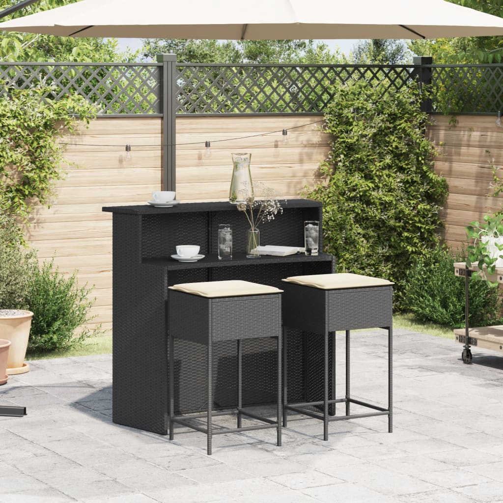 Set mobilier bar de grădină cu perne, 3 piese, negru, poliratan GartenMobel Dekor