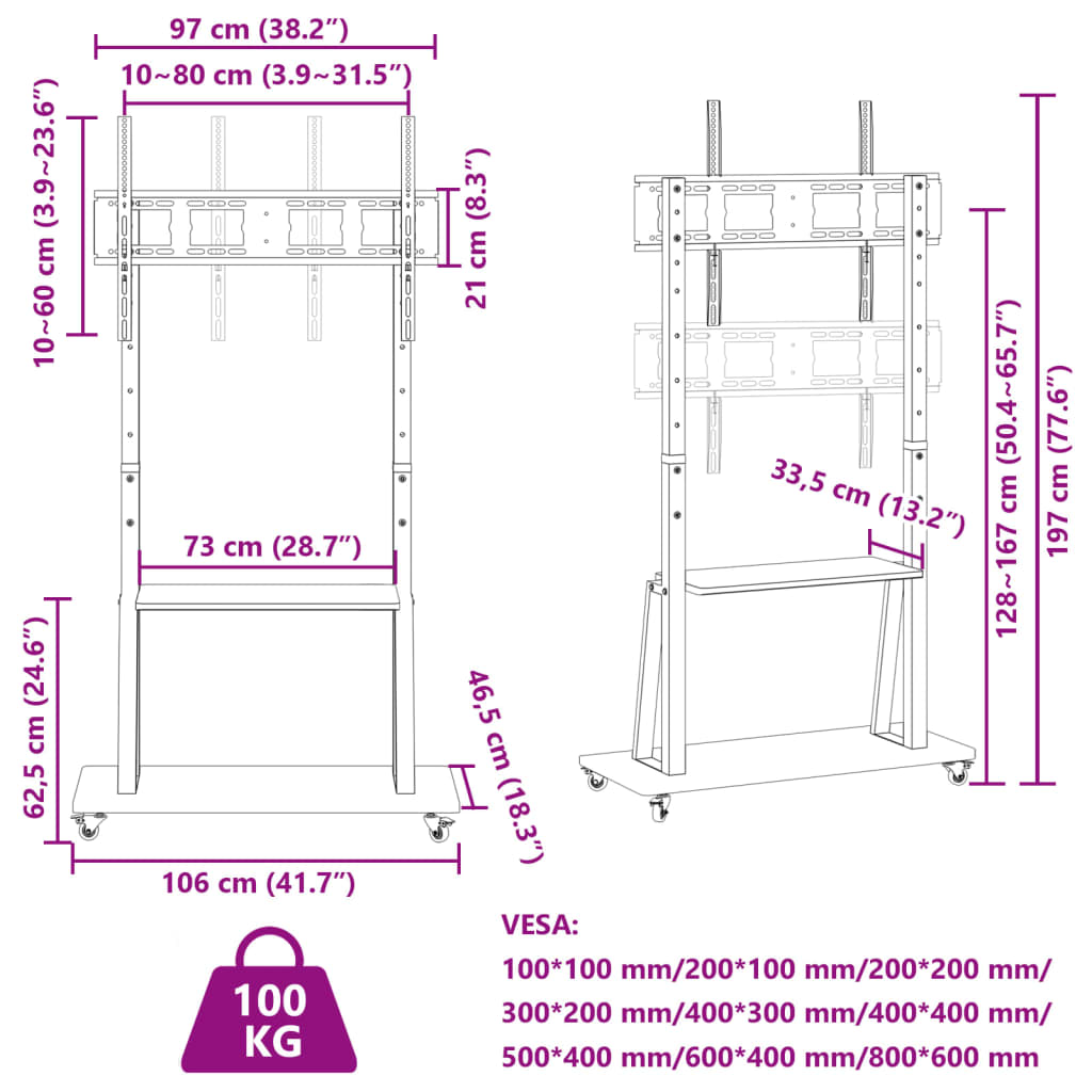 Suport TV pe roți ecran de 32-90 inchi Max VESA 800x400mm 100kg GartenMobel Dekor